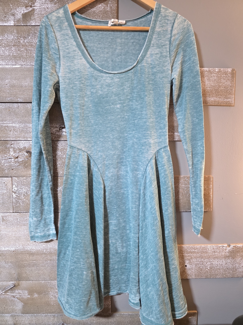 Others Follow Heathered Aqua Long Sleeve Scoop-Neck Skater Dress